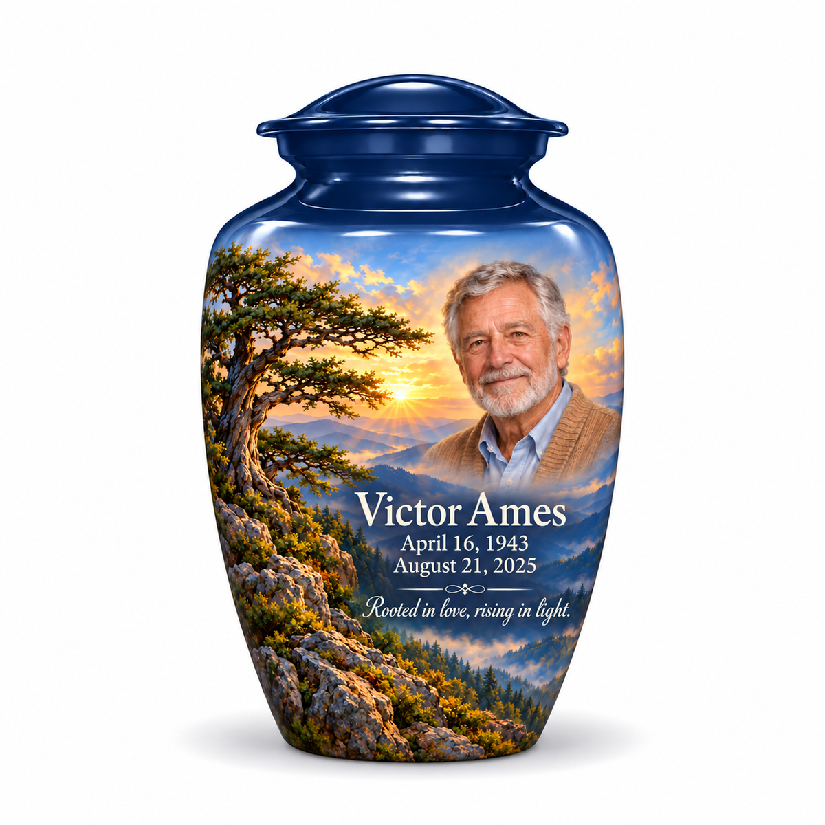 Classic Tree of Life urn, 10 inch large Urn, mountain cedar and sunrise artwork with fictional example portrait and full dates
