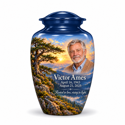 Classic Tree of Life urn, 10 inch large Urn, mountain cedar and sunrise artwork with fictional example portrait and full dates