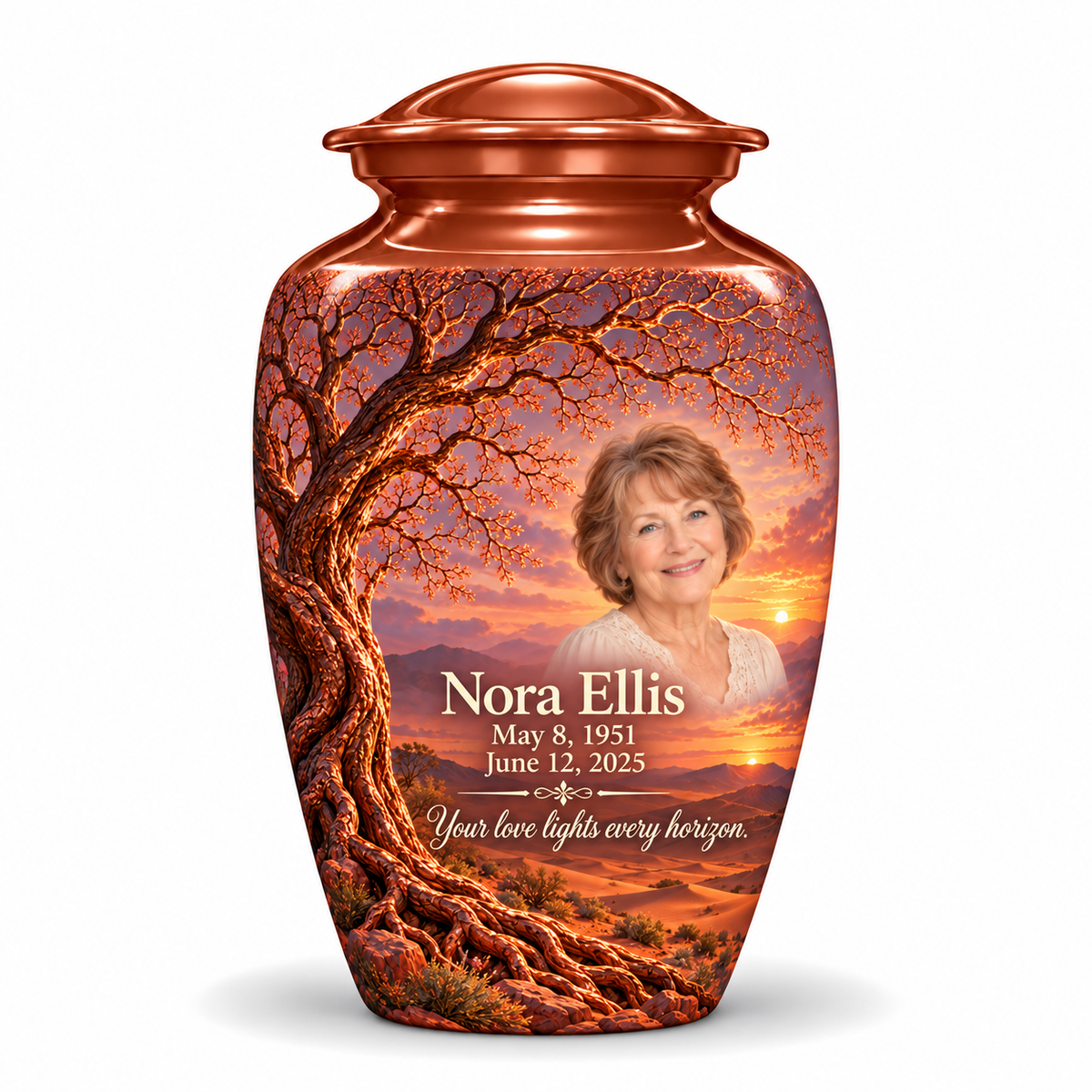 Personalized Tree of Life Classic urn, 10 inch large Urn; fictional portrait example