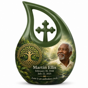Celtic moss green personalized Tree of Life Cross Drop urn, 10 inch large Urn; fictional portrait example