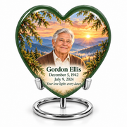 Heart Tree of Life urn, 10 inch large Urn, mountain cedar and sunrise artwork with fictional example portrait and full dates