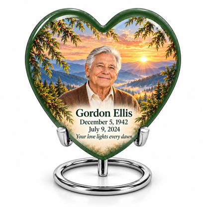 Heart Tree of Life urn, 10 inch large Urn, mountain cedar and sunrise artwork with fictional example portrait and full dates