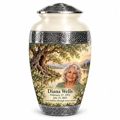 Personalized Tree of Life Premium Classic urn, 10 inch large Urn; fictional portrait example