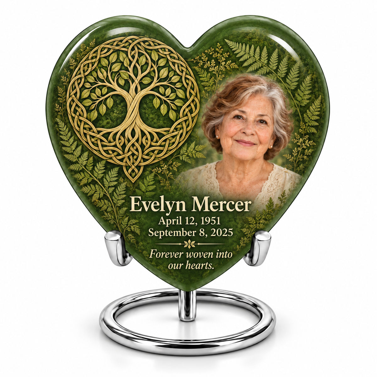 Celtic moss green personalized Tree of Life Heart urn, 10 inch large Urn; fictional portrait example