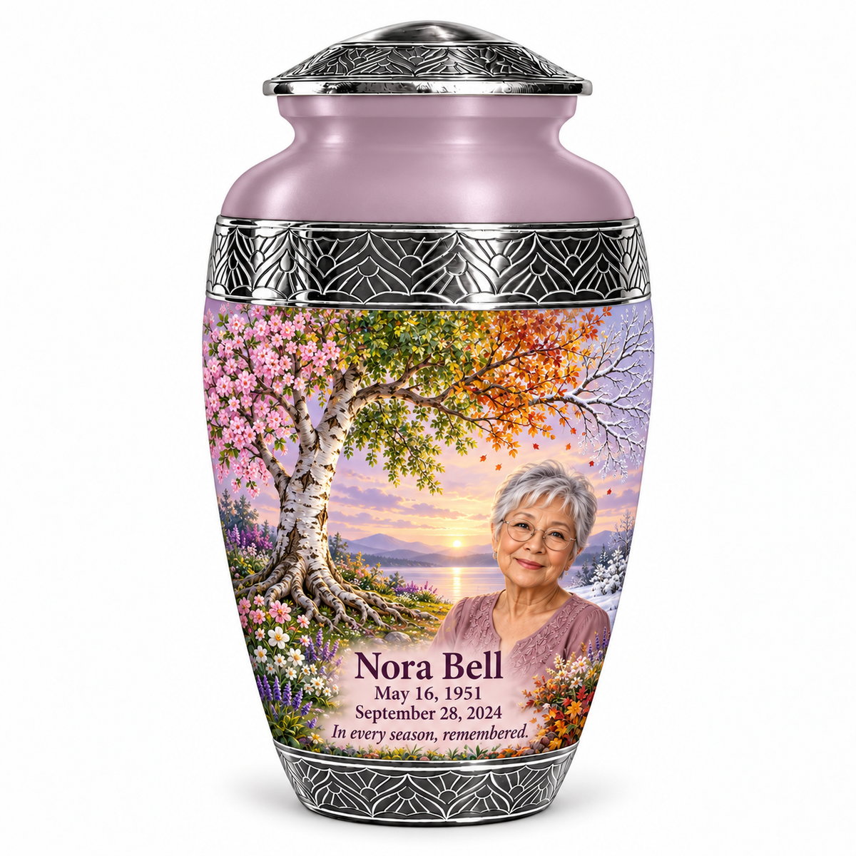 Personalized Tree of Life Premium Classic urn, 10 inch large Urn; fictional portrait example