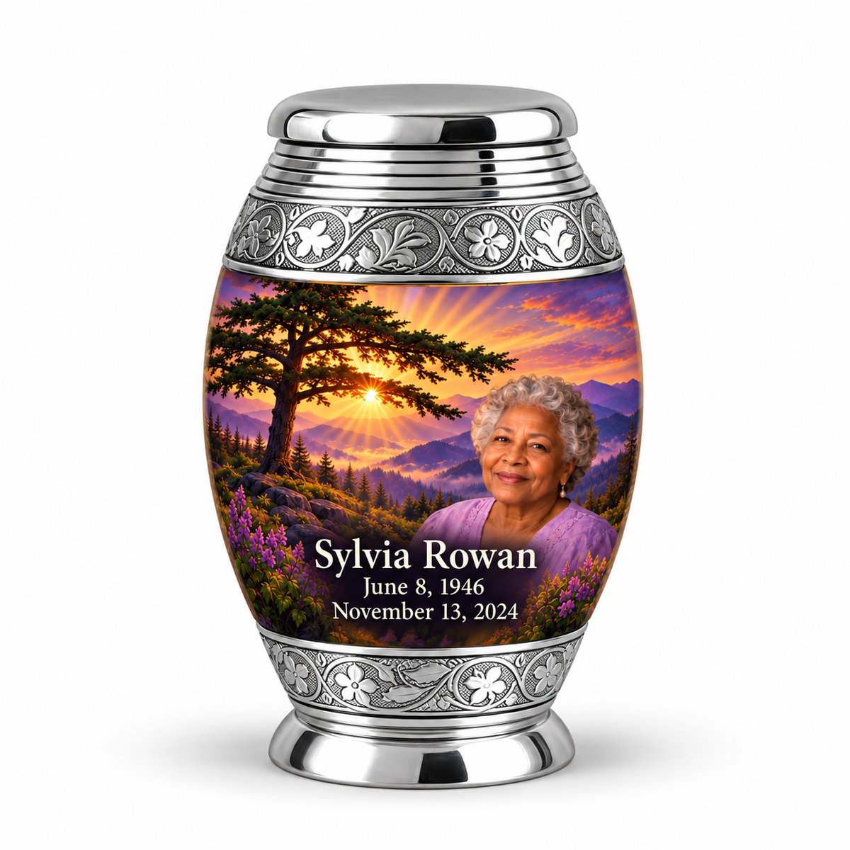 Monar Tree of Life urn, 1 Keepsake 3 inch Urn, mountain cedar and sunrise artwork with fictional example portrait and full dates