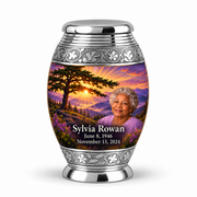 Monar Tree of Life urn, 1 Keepsake 3 inch Urn, mountain cedar and sunrise artwork with fictional example portrait and full dates