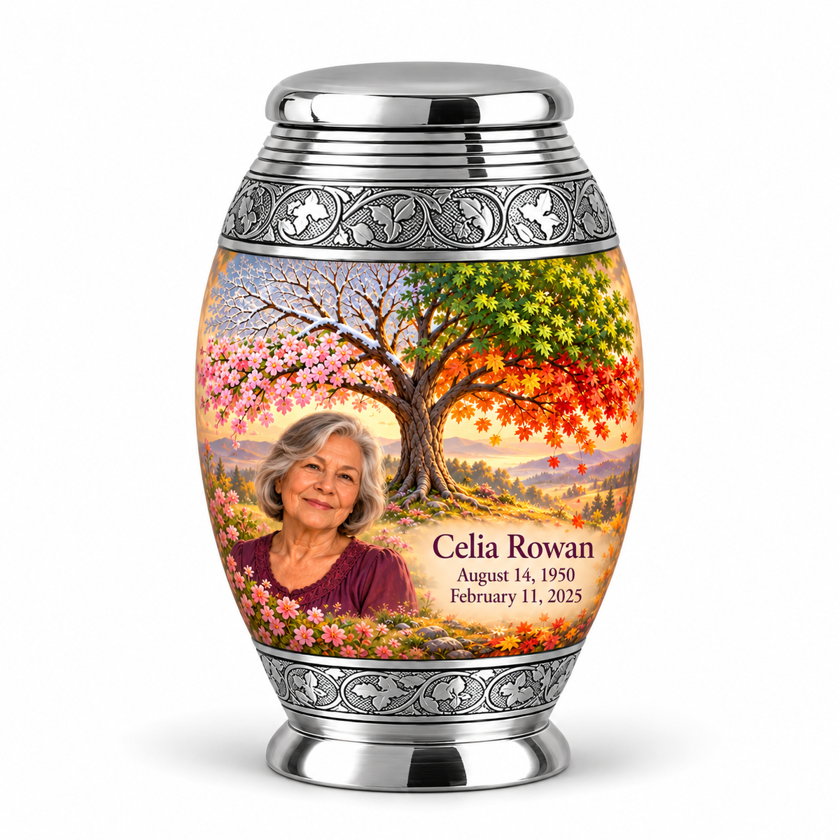 Personalized Tree of Life Monar urn, 1 Keepsake 3 inch Urn; fictional portrait example