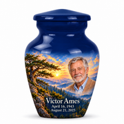 Classic Tree of Life urn, 1 Keepsake 3 inch Urn, mountain cedar and sunrise artwork with fictional example portrait and full dates