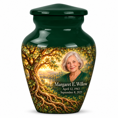Personalized Tree of Life Classic urn, 1 Keepsake 3 inch Urn; fictional portrait example