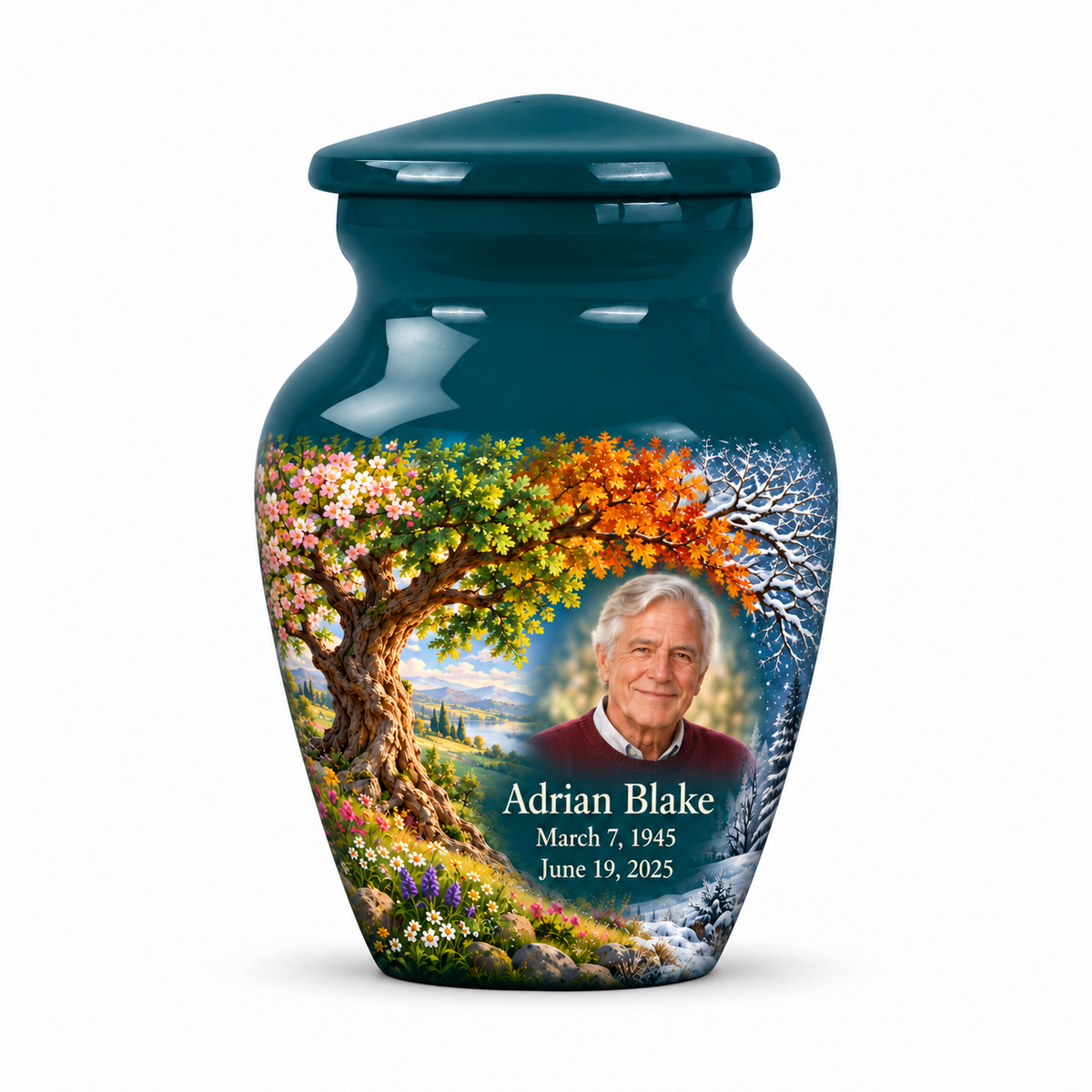 Personalized Tree of Life Classic urn, 1 Keepsake 3 inch Urn; fictional portrait example