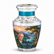 Tasty Tree of Life urn, 1 Keepsake 3 inch Urn, mountain cedar and sunrise artwork with fictional example portrait and full dates