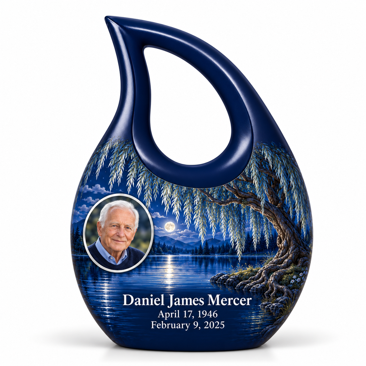 Personalized Tree of Life Cross Drop urn, 1 Keepsake 3 inch Urn; fictional portrait example