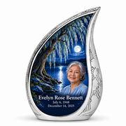 Personalized Tree of Life Curved Drop urn, 1 Keepsake 3 inch Urn; fictional portrait example