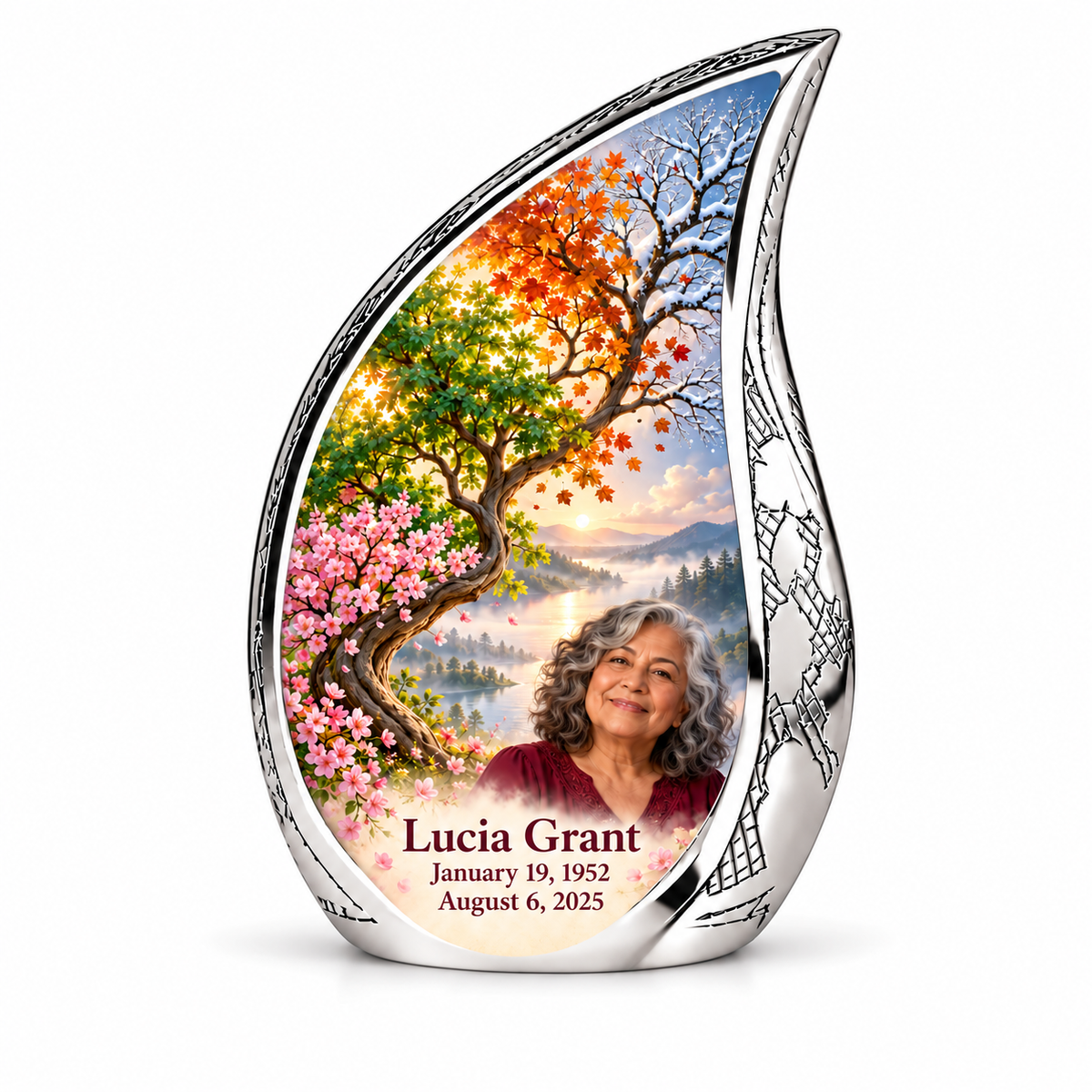 Personalized Tree of Life Curved Drop urn, 1 Keepsake 3 inch Urn; fictional portrait example