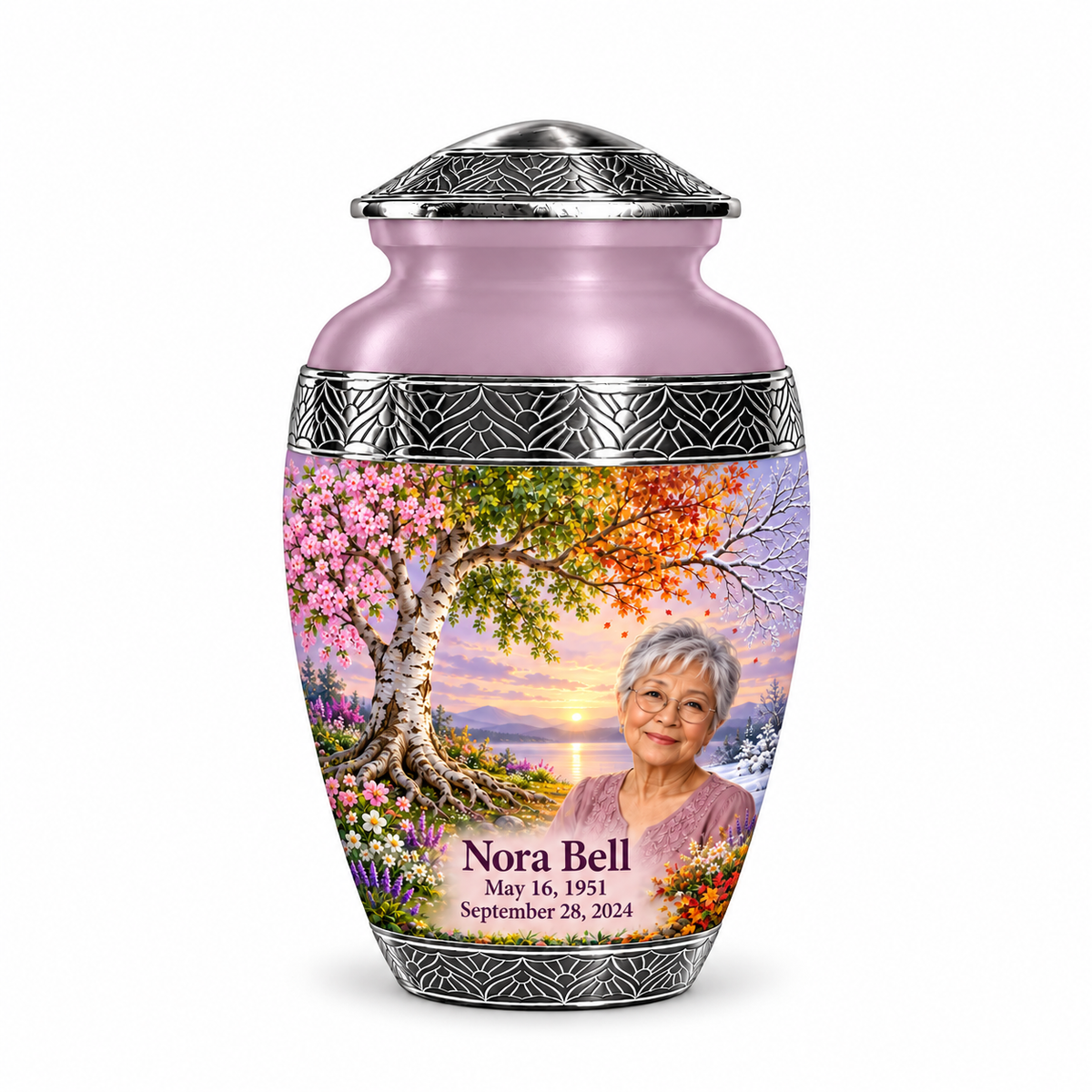 Personalized Tree of Life Premium Classic urn, 1 Keepsake 3 inch Urn; fictional portrait example