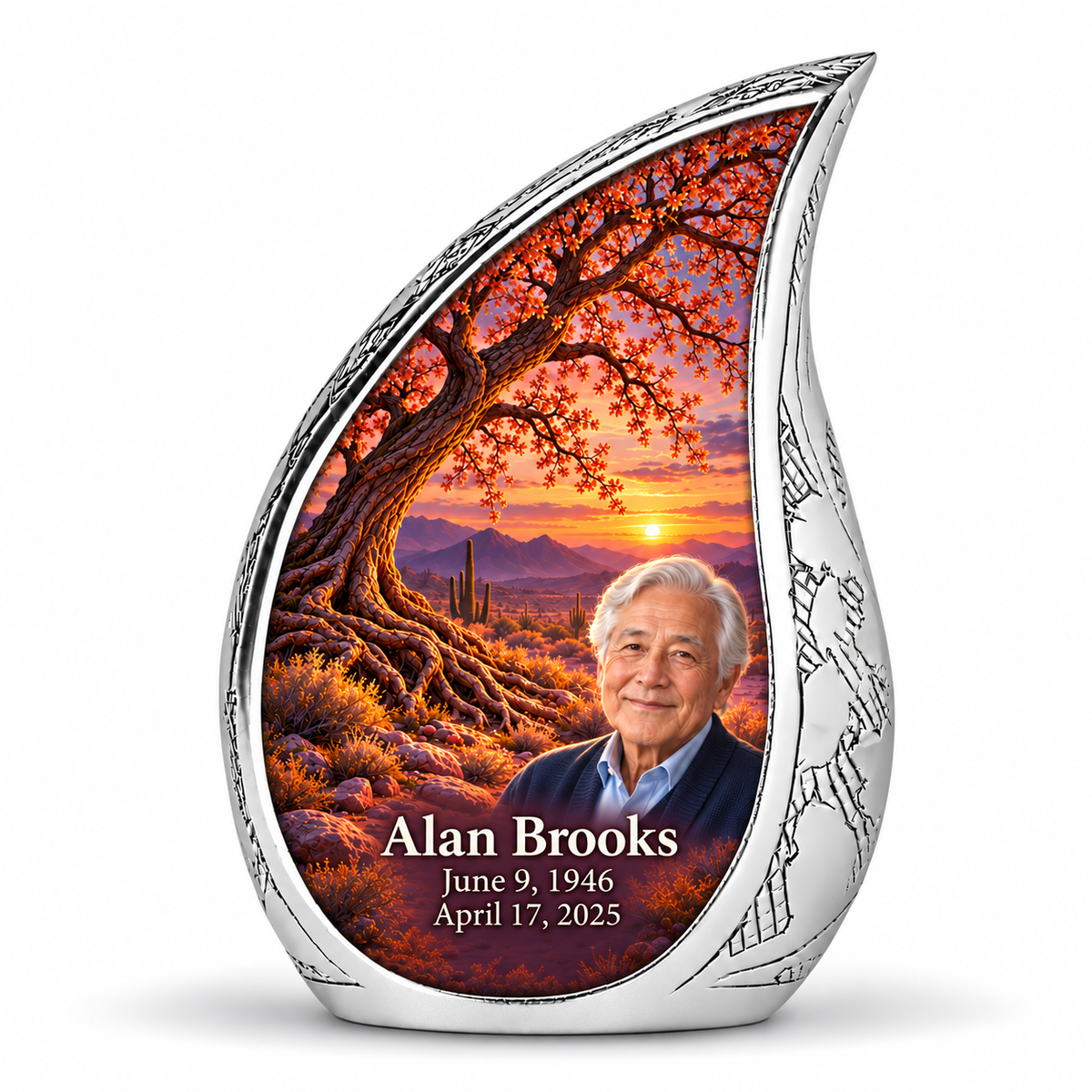 Personalized Tree of Life Curved Drop urn, 1 Keepsake 3 inch Urn; fictional portrait example