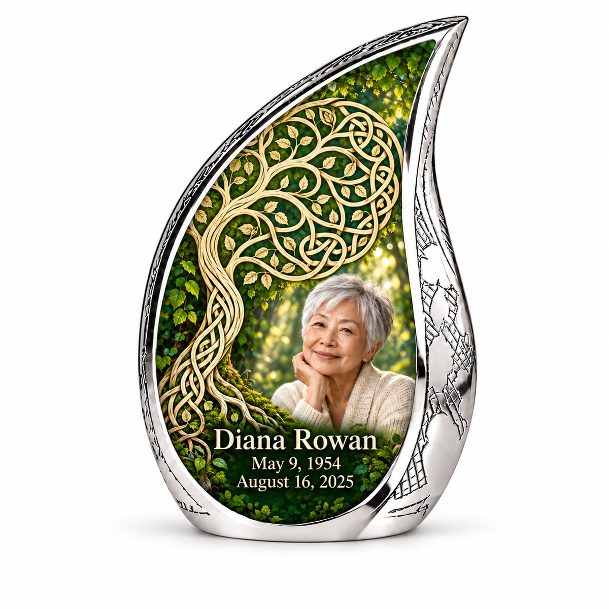 Celtic moss green personalized Tree of Life Curved Drop urn, 1 Keepsake 3 inch Urn; fictional portrait example