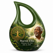 Celtic moss green personalized Tree of Life Cross Drop urn, 1 Keepsake 3 inch Urn; fictional portrait example