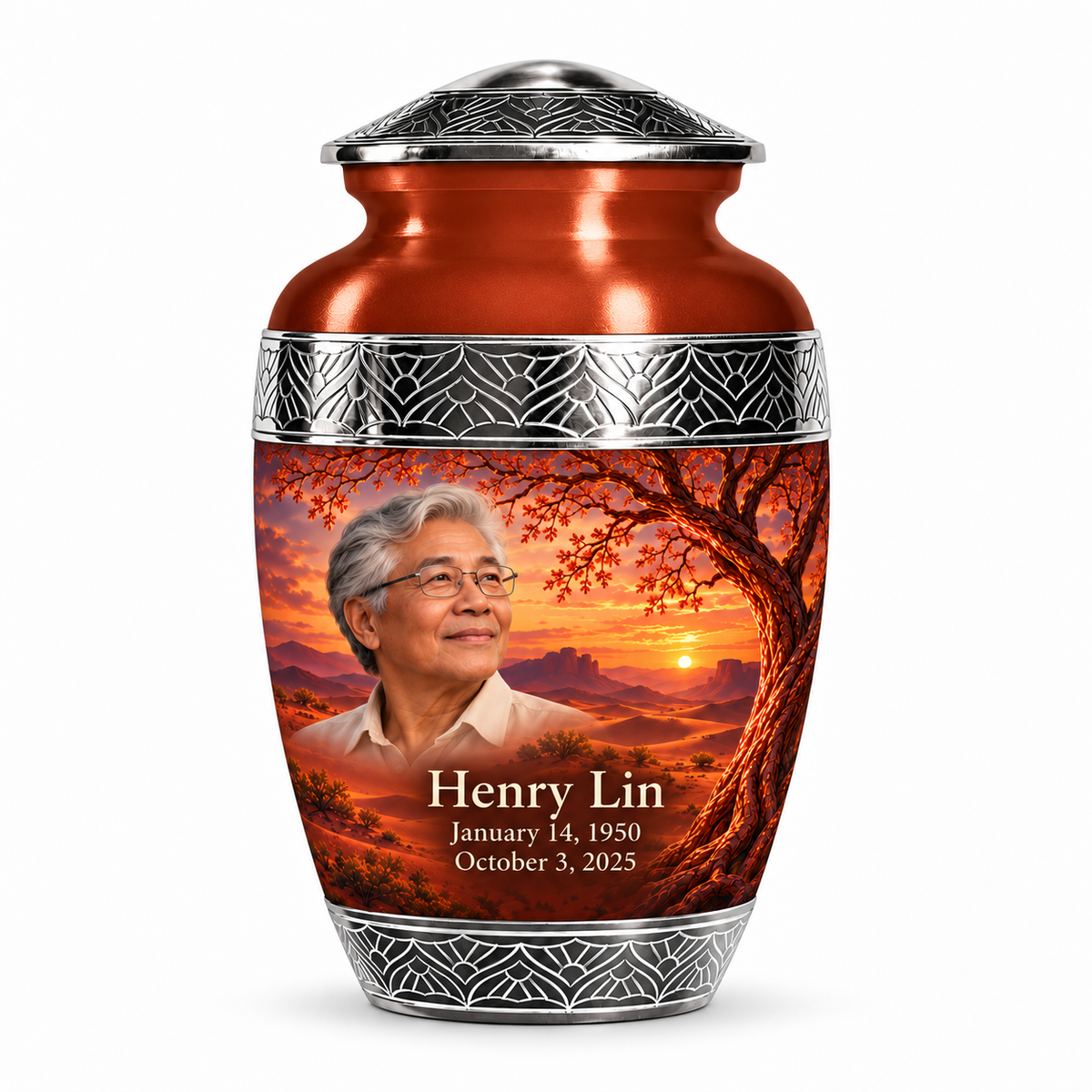 Personalized Tree of Life Premium Classic urn, 1 Keepsake 3 inch Urn; fictional portrait example