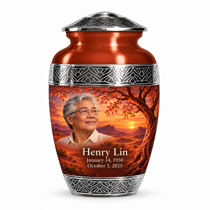 Personalized Tree of Life Premium Classic urn, 1 Keepsake 3 inch Urn; fictional portrait example