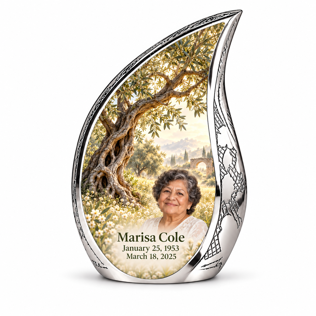 Ancient olive tree and soft ivory personalized Curved Drop urn, 1 Keepsake 3 inch Urn; fictional portrait example