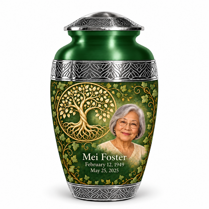 Personalized Tree of Life Premium Classic urn, 1 Keepsake 3 inch Urn; fictional portrait example