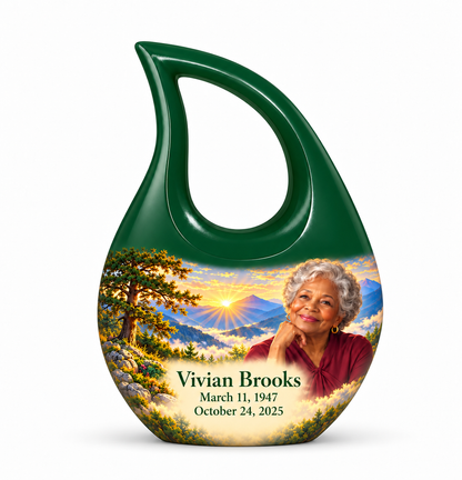 Cross Drop Tree of Life urn, 1 Keepsake 3 inch Urn, mountain cedar and sunrise artwork with fictional example portrait and full dates