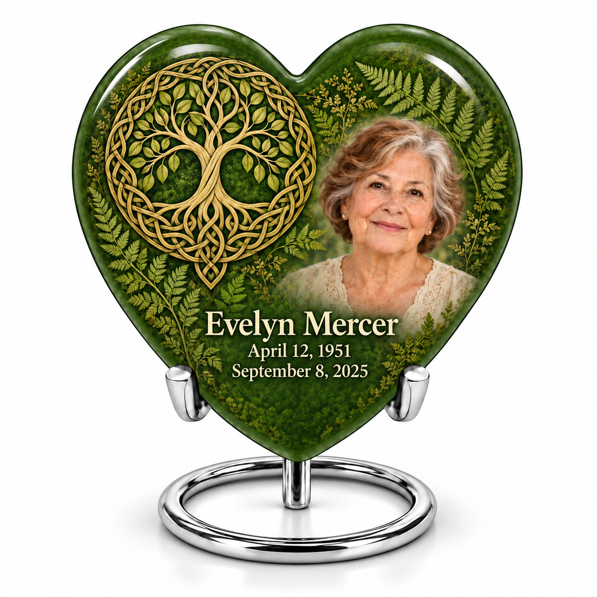 Celtic moss green personalized Tree of Life Heart urn, 1 Keepsake 3 inch Urn; fictional portrait example