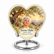 Ancient olive tree and soft ivory personalized Heart urn, 1 Keepsake 3 inch Urn; fictional portrait example
