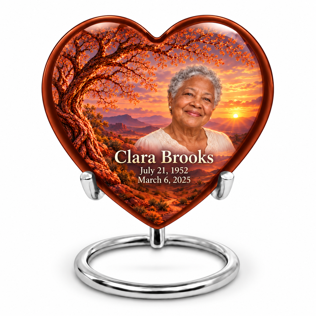 Personalized Tree of Life Heart urn, 1 Keepsake 3 inch Urn; fictional portrait example