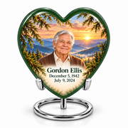 Heart Tree of Life urn, 1 Keepsake 3 inch Urn, mountain cedar and sunrise artwork with fictional example portrait and full dates