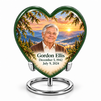 Heart Tree of Life urn, 1 Keepsake 3 inch Urn, mountain cedar and sunrise artwork with fictional example portrait and full dates