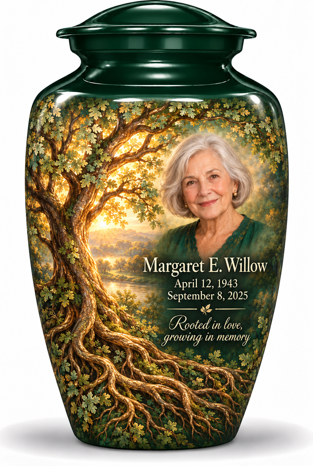 Personalized Tree of Life Classic urn, 10 inch large Urn; fictional portrait example