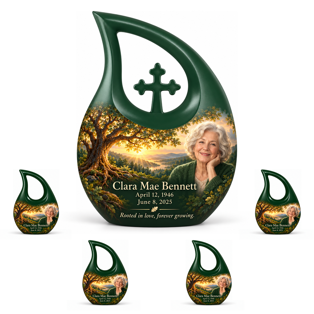 Personalized Tree of Life Cross Drop urn, 10 inch large Urn with 4 Keepsake 3 Inch Urns; matching example portrait and full memorial dates