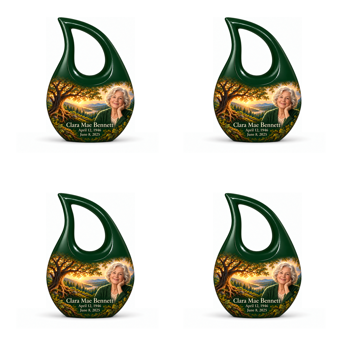 Personalized Tree of Life Cross Drop urn, 4 Keepsake 3 inch Urns; matching example portrait and full memorial dates