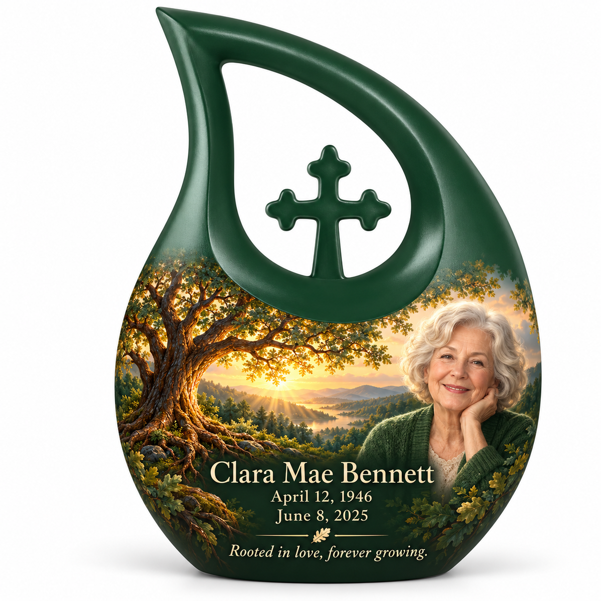 Personalized Tree of Life Cross Drop urn, 10 inch large Urn; fictional portrait example