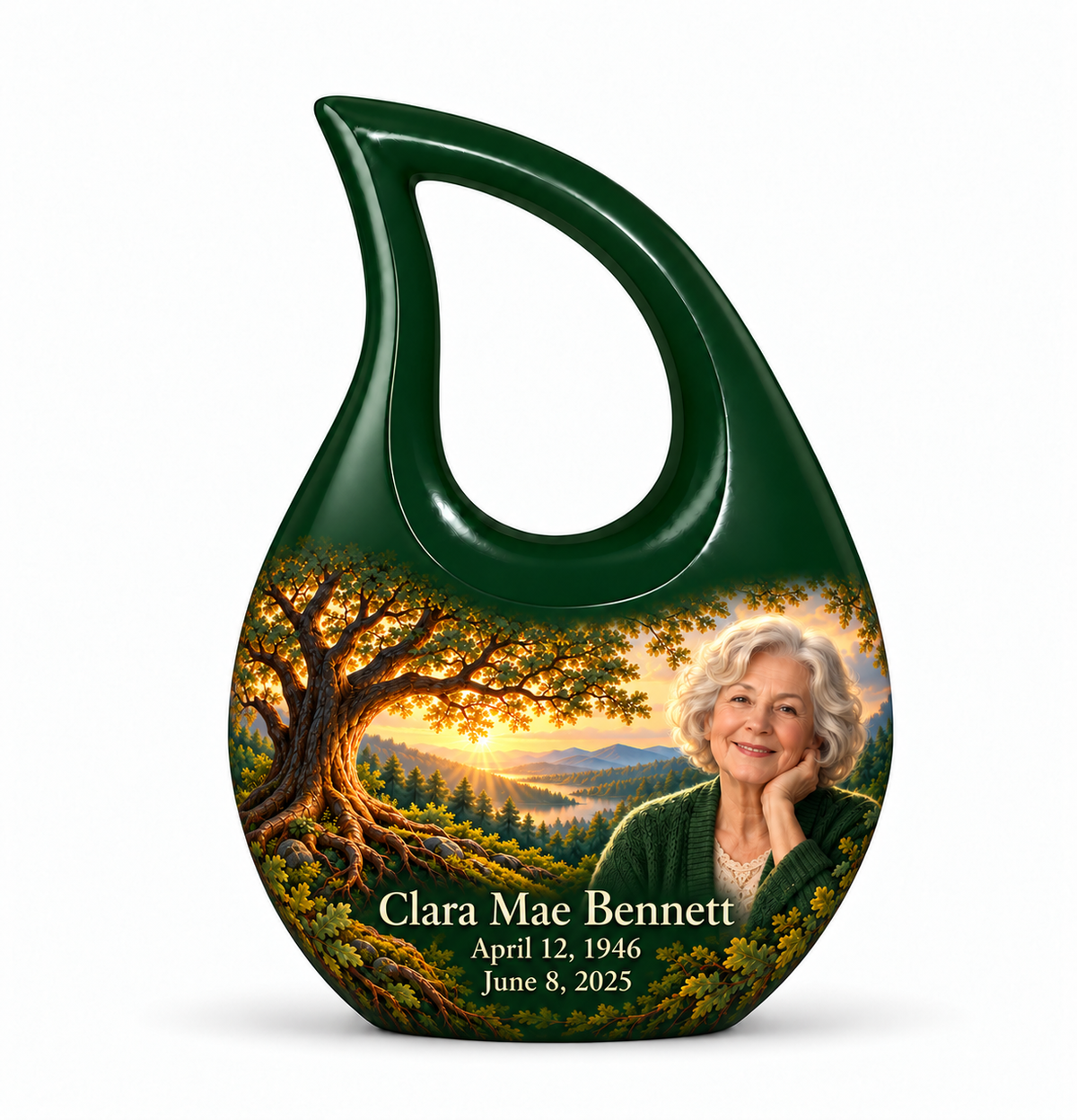 Personalized Tree of Life Cross Drop urn, 1 Keepsake 3 inch Urn; matching example portrait and full memorial dates