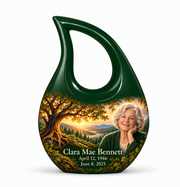 Personalized Tree of Life Cross Drop urn, 1 Keepsake 3 inch Urn; matching example portrait and full memorial dates