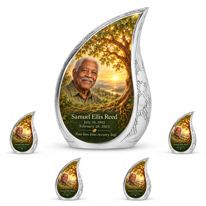 Personalized Tree of Life Curved Drop urn, 10 inch large Urn with 4 Keepsake 3 Inch Urns; matching example portrait and full memorial dates