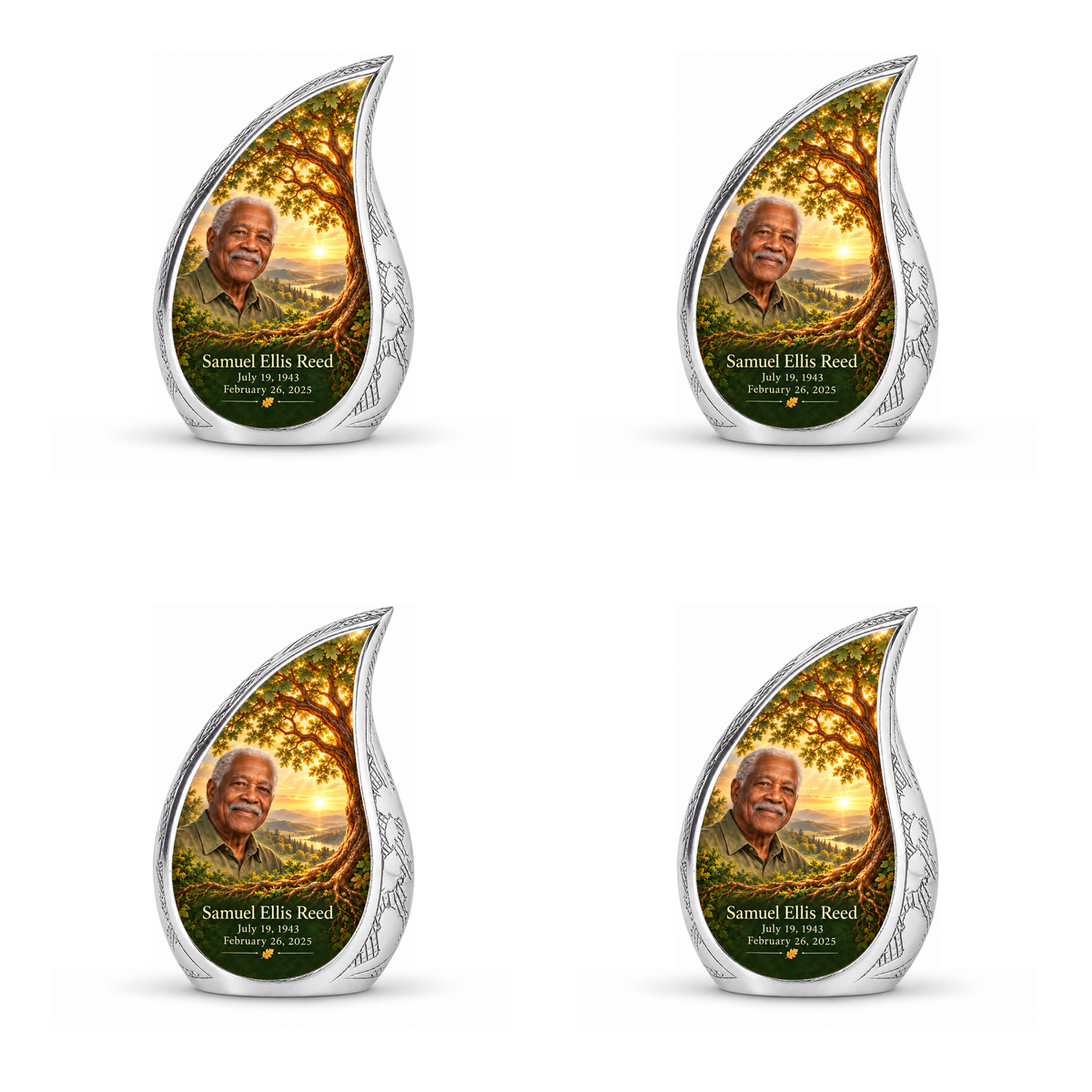 Personalized Tree of Life Curved Drop urn, 4 Keepsake 3 inch Urns; matching example portrait and full memorial dates