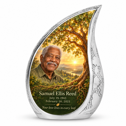 Personalized Tree of Life Curved Drop urn, 10 inch large Urn; fictional portrait example