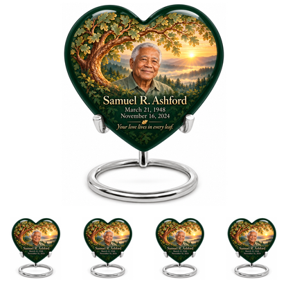 Personalized Tree of Life Heart urn, 10 inch large Urn with 4 Keepsake 3 Inch Urns; matching example portrait and full memorial dates