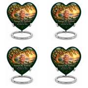 Personalized Tree of Life Heart urn, 4 Keepsake 3 inch Urns; matching example portrait and full memorial dates