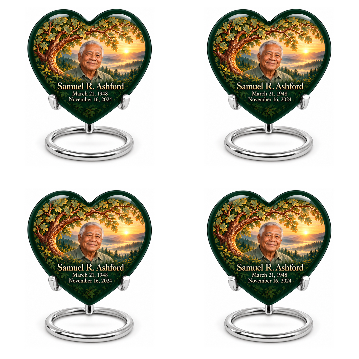 Personalized Tree of Life Heart urn, 4 Keepsake 3 inch Urns; matching example portrait and full memorial dates