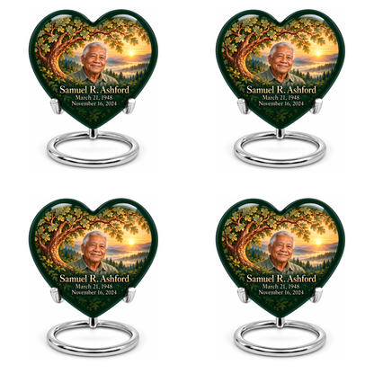 Personalized Tree of Life Heart urn, 4 Keepsake 3 inch Urns; matching example portrait and full memorial dates