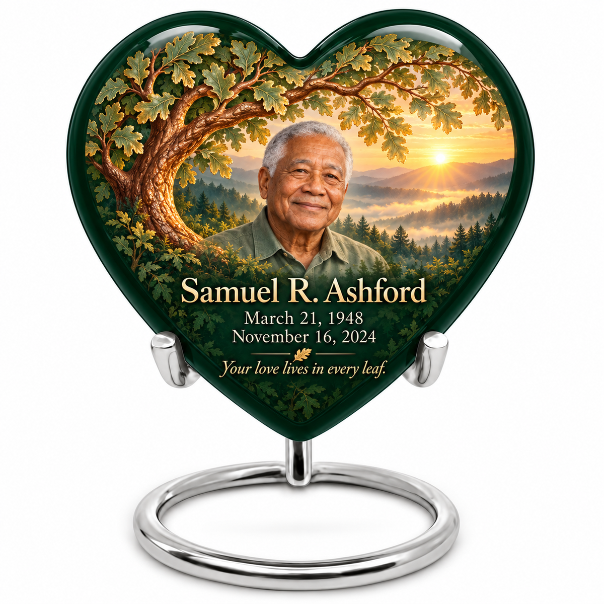 Personalized Tree of Life Heart urn, 10 inch large Urn; fictional portrait example
