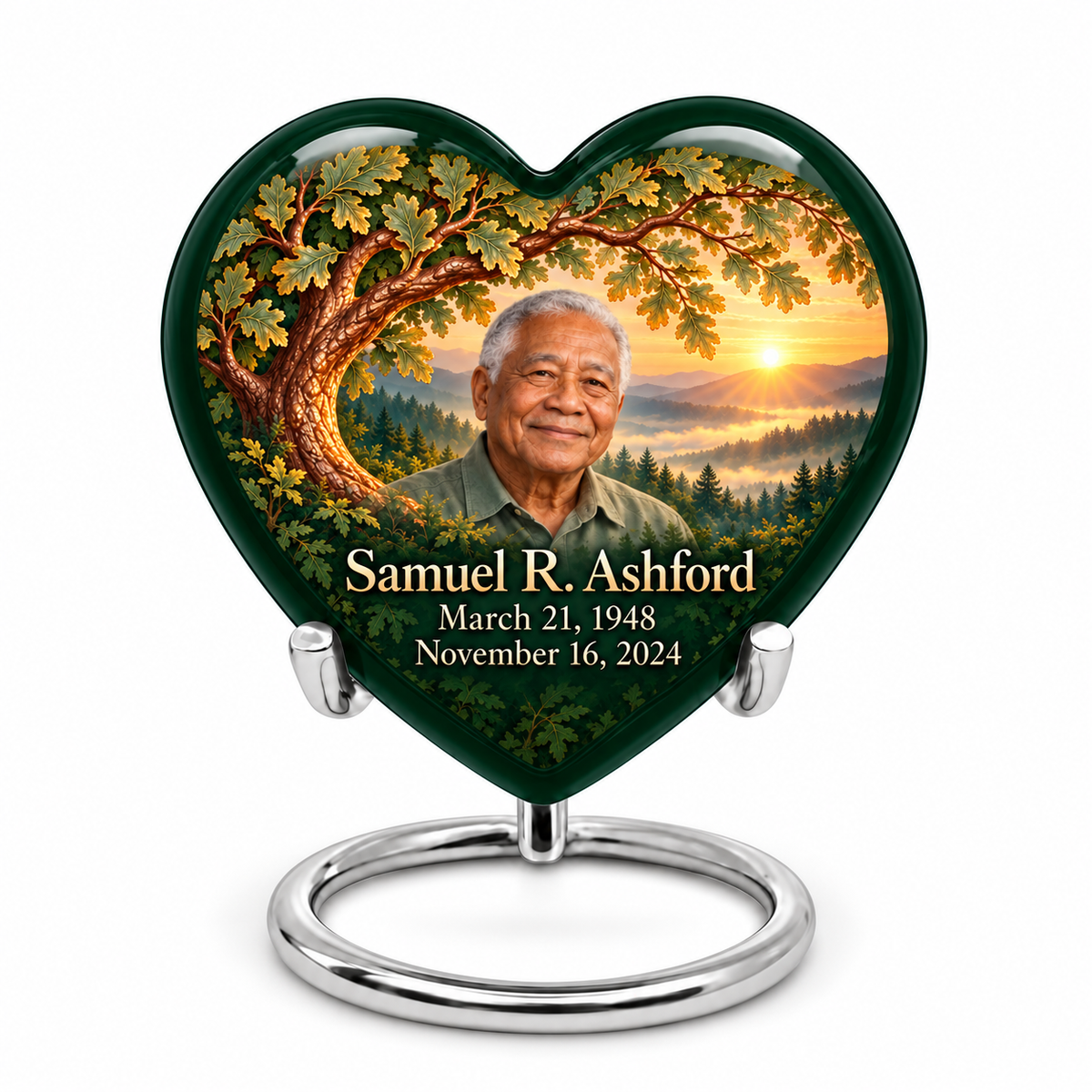 Personalized Tree of Life Heart urn, 1 Keepsake 3 inch Urn; fictional portrait example