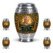 Personalized Tree of Life Monar urn, 10 inch large Urn with 4 Keepsake 3 Inch Urns; fictional portrait example