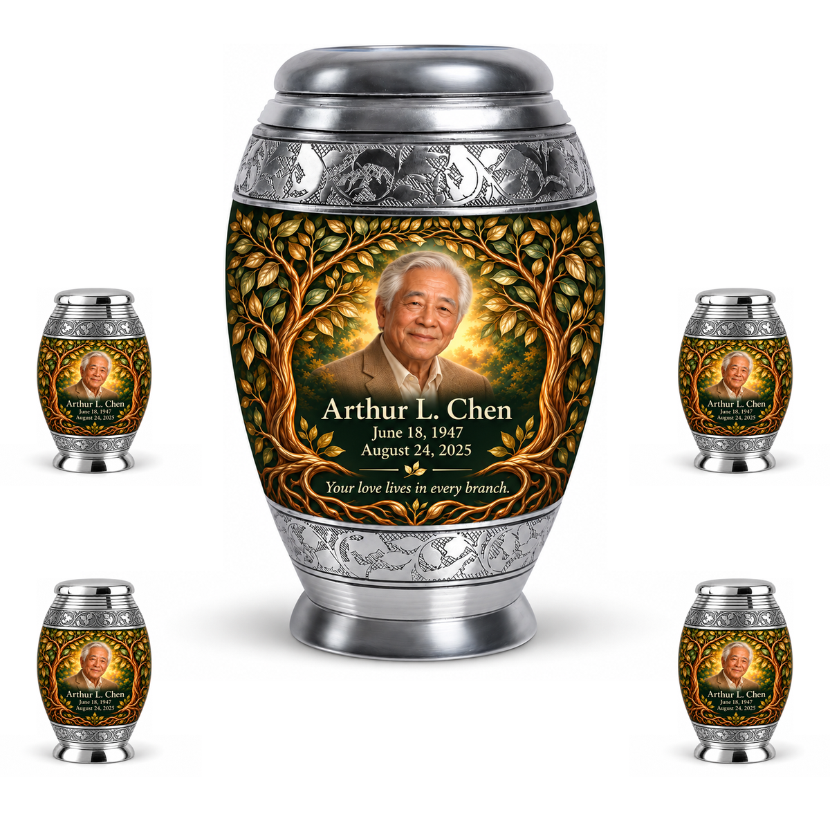 Personalized Tree of Life Monar urn, 10 inch large Urn with 4 Keepsake 3 Inch Urns; fictional portrait example